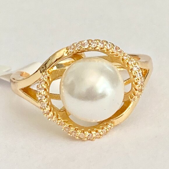 Art Deco Cubic Zirconia White Pearl Cocktail Ring Yellow Gold Plated Size 7 8 9 - Picture 5 of 16